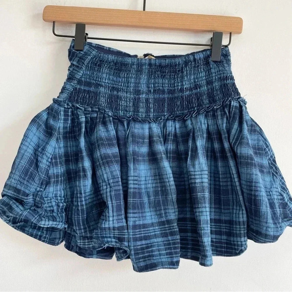 Ramy Brook Darla Pleated Mini Skirt Blue Plaid Zip Up Smocked School Girl XS - Picture 4 of 11